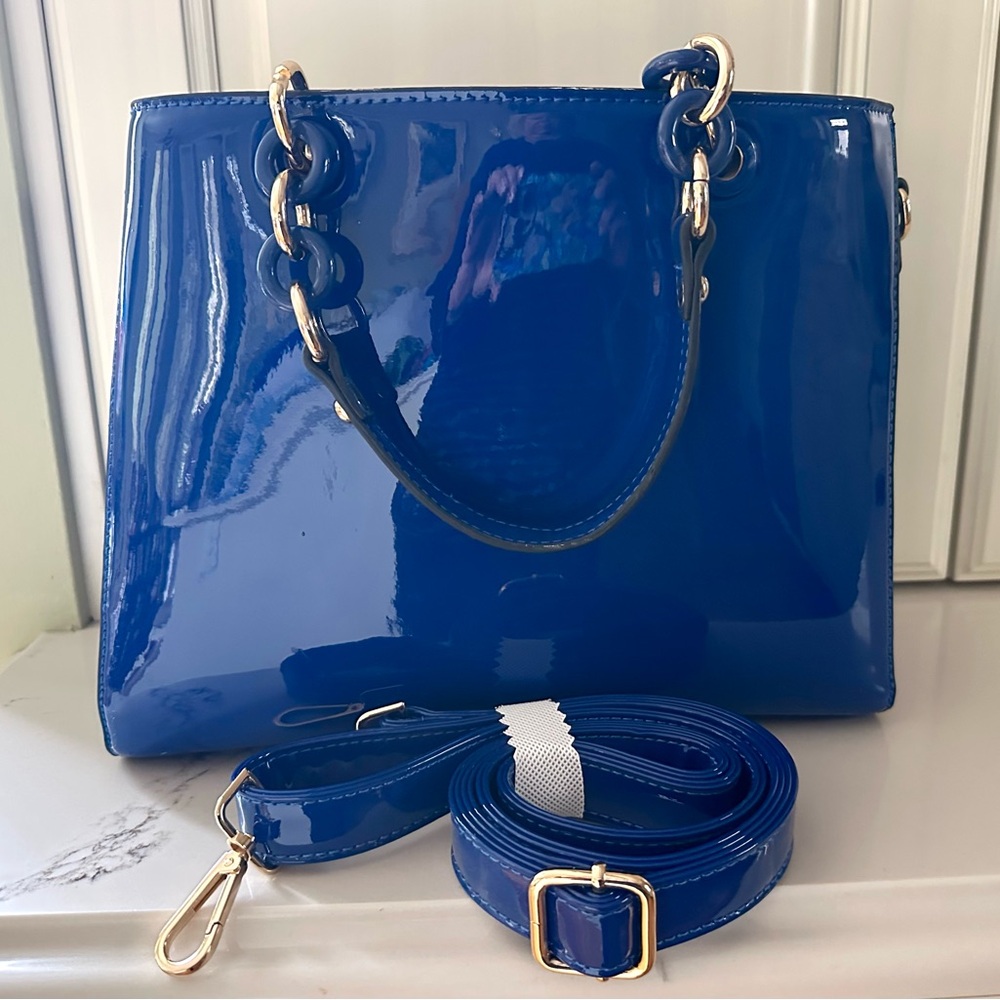 BRAND NEW Blue Patent Bag, Crossbody Strap
